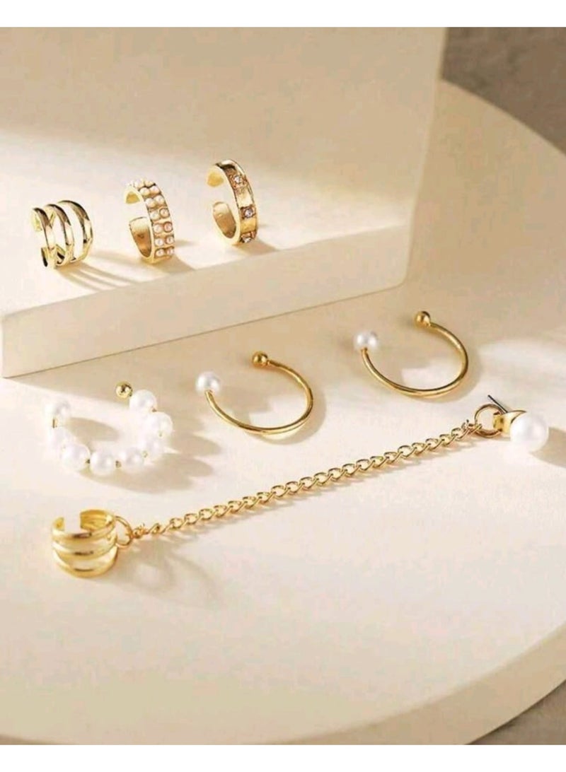 شي إن طقم واحد من أقراط اللؤلؤ بمشبك، أقراط طويلة بتصميم بسيط، سوار أذن قابل للتخصيص للنساء - Image 3